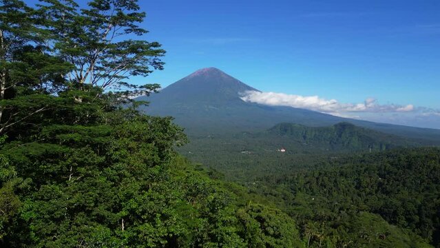Aerial view of Pura Penataran Agung Lempuyang temple with mount Agung view in Bali.
