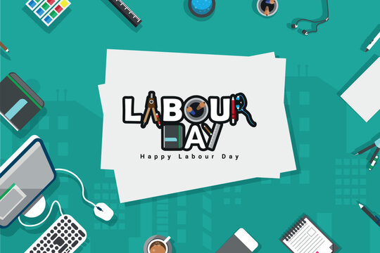 Labour day design business concept in line flat style. International solidarity of workers. Vector illustration. Copy space.