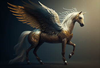 Fototapeta na wymiar Fantastic white horse with wings, under the sunlight. 