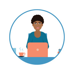 Avatar of a young African American girl who works on a laptop, full-time office worker or freelancer. Woman professional vector illustration