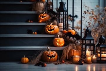Colorful Pumpkins and Flowers on the Stairs of house, decoration for Halloween. Generative AI