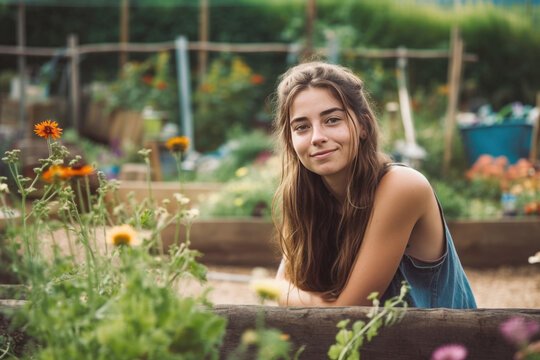 Portrait of a young woman in the biodynamic garden AI generative art