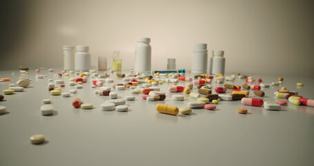 A range of pills, tablets cans and syringes on white table, representing modern addiction to drugs and medicine - pharmaceutical industry concept