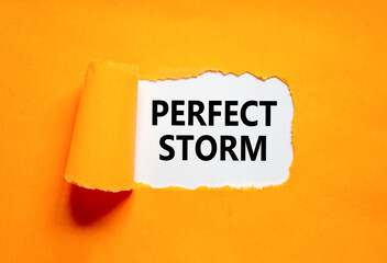 Perfect storm symbol. Concept words Perfect storm on beautiful white paper. Beautiful orange table orange background. Business and Perfect storm concept. Copy space.