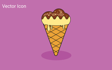 Melting ice cream balls in the waffle cone isolated on pink background. Vector flat outline icon. Comic character in cartoon style illustration for t shirt design