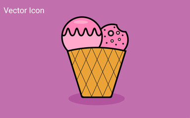 Melting ice cream balls in the waffle cone isolated on pink background. Vector flat outline icon. Comic character in cartoon style illustration for t shirt design