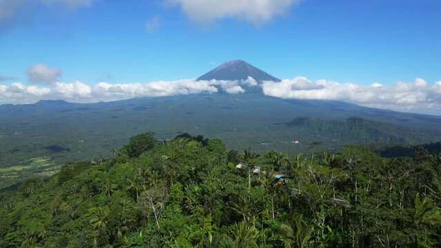 Aerial view of Pura Penataran Agung Lempuyang temple with mount Agung view in Bali.
