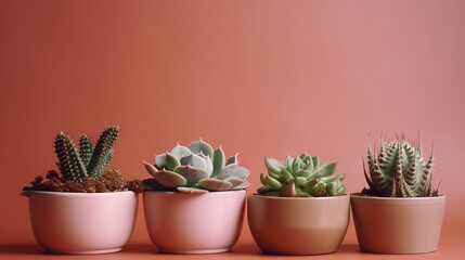 Fototapeta premium Succulent plant banner background. Home plants cactus on a pink background. Generative Ai