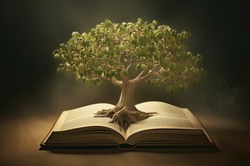 education concept with tree of knowledge planting on opening old big book in library with textbook, stack piles of text archive and aisle of bookshelves in school study class room. Generative Ai.