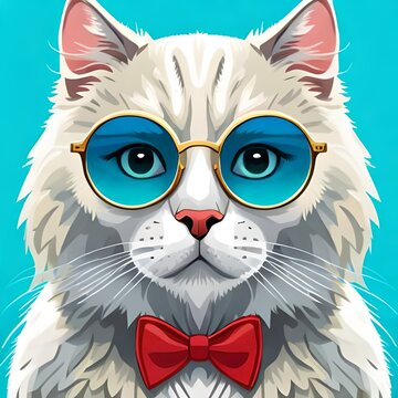 Simple cute white cat, light blue sunglasses, Tiffany blue background, red bow