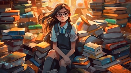A confident School Pupil Kid Girl in school uniform, sitting on a colorful stack of books, surrounded by a chaotic but cozy library. Artwork, pencil drawing. Generative Ai.