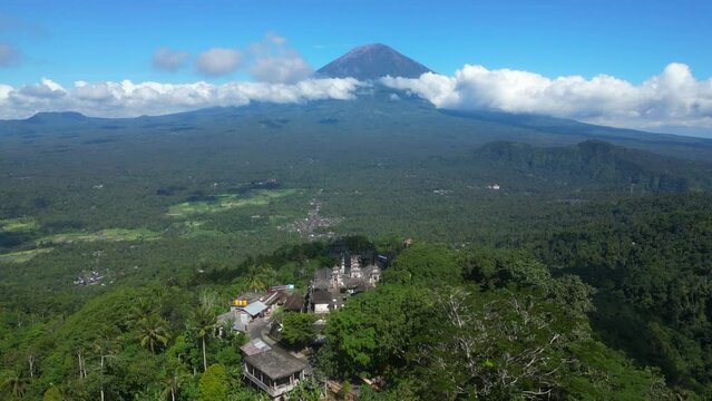 Aerial view of Pura Penataran Agung Lempuyang temple with mount Agung view in Bali.
