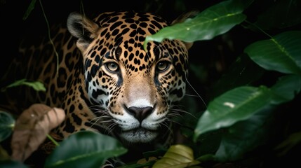 Fototapeta na wymiar Camouflage male jaguar lurking in forest blue eyes