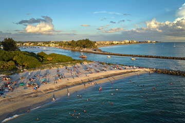 Aerial view of Nokomis beach in Sarasota County, USA. Many people enjoing vacation time swimming in...