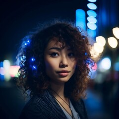 A young Asian woman with curly hair, wearing an elegant evening dress and looking directly at the camera in a dramatic night scene