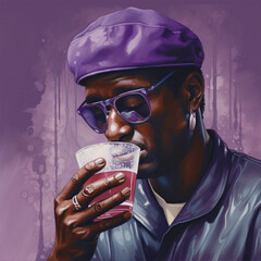 painting of a rapper wearing purple clothes and a beret Generative Ai - obrazy, fototapety, plakaty