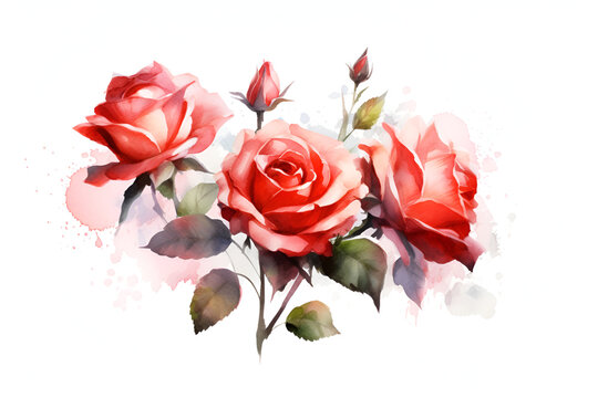 pink rose watercolor hand-painted, isolated on white. ai