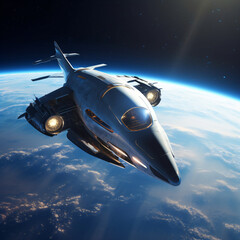 Fototapeta na wymiar A futuristic fighter jet flying over the earth in space Generative Ai