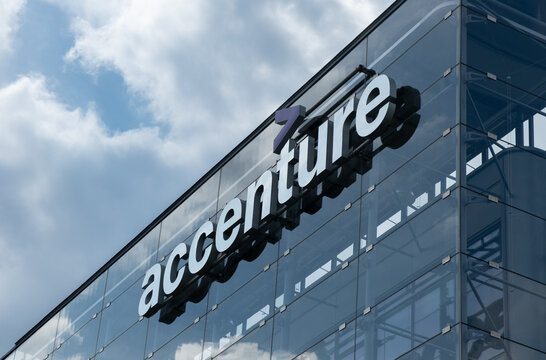 Prague,CZ -27 April 2023: The Accenture sign Logo on Czech Republic Headquarter. Concept Corporation.