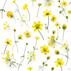 yellow flowers pattern on white background, yellow flowers with stem, daisies with plant png generated by IA 