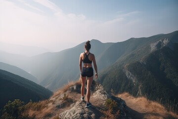 Fototapeta premium view from behind fitness girl standing on top of the mountain. woman in sportswear standing on the mountain. Generative Ai.