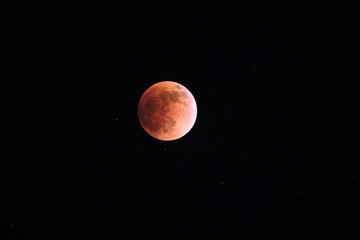 Red blood full Moon on black sky background. Supermoon lunar eclipse
