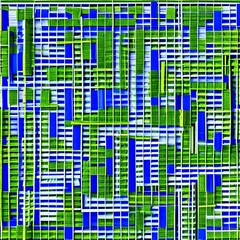 A geometric design with squares and rectangles arranged in a plaid pattern, in shades of green and blue1, Generative AI