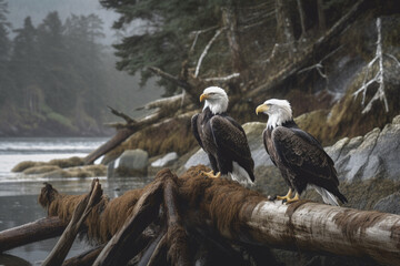 Fototapeta premium Illustration of Bald Eagles in the wild. Generative AI.