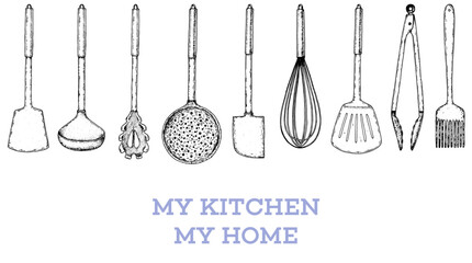 Kitchen, utensil, kitchenware sketch. Hand drawn sketches. Vector illustration. Spatula, ladle, tongs, whisk, slotted spoon, kitchen brush hand drawing illustration.