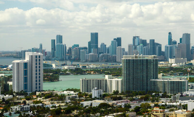 Fototapeta na wymiar Urban landscape of downtown district of Miami city in Florida, USA. Skyline with high skyscraper buildings in modern american megapolis