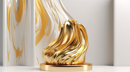 3D background podium display, gold liquid, fluid splash, swirl on white. Generative Ai