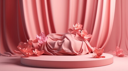 3D background pink cloth podium display. Generative Ai