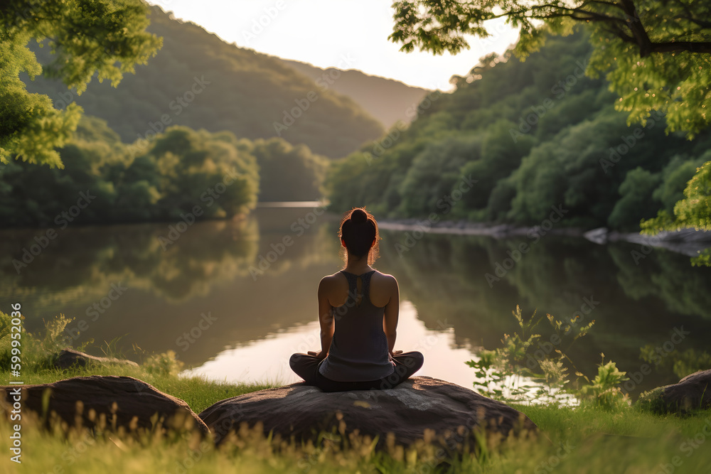 Wall mural person meditating in nature with an emphasis on tranquility, mindfulness, and relaxation