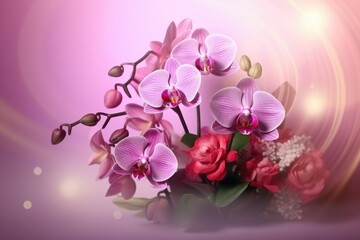 3D illustration Orchids blur floral background. Generative AI