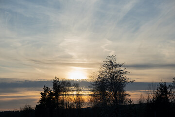 Majestic sunset dusk dramatic skyscape. Amazing clouds with golden light of nature in forest.