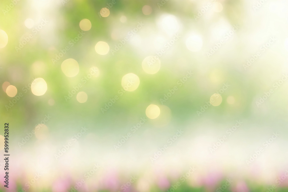 Aufkleber background bokeh garden in green and yellow tones with sun rays and flower. generative ai