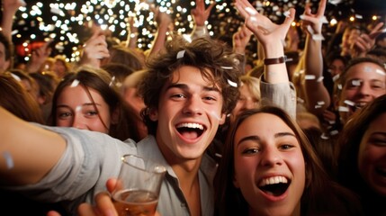 engineers partying in a crowded room that is warmly lit for an invitation to an end of year party at a university.generative ai.