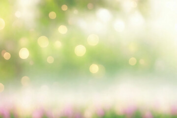 Obraz premium Background bokeh garden in green and yellow tones with sun rays and flower. Generative AI