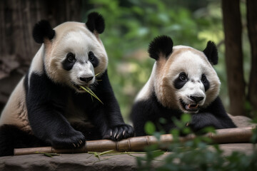 Obraz premium Illustration of two cute Panda Bears. Generative AI.