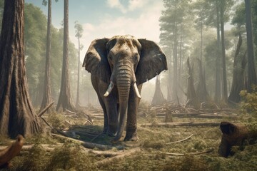 Obraz premium A gigantic elephant stands amongst the degraded forest floor. Generative AI