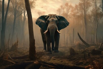 Fototapeta na wymiar A gigantic elephant stands amongst the degraded forest floor. Generative AI