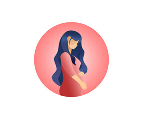 Vector of pregnant woman side view inside round shape, trendy icon for pregnancy theme