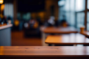 Empty top wooden table and blur with bokeh cafe background. For product display, Generative AI