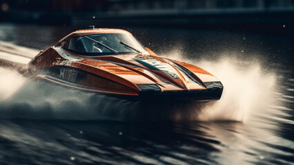 Obraz premium car boat skimming above the water, high speed blur with Generative AI Technology.