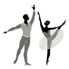 Silhouette of a cute lady and youth, they dance ballet. The woman and the man have beautiful slender figures. Girl ballerina and boyfriend dancer. Ballet dancer. Vector illustration.