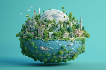 Prace z papieru żarówka z zielonym eko miastem, Energia odnawialna do 2050 r. Energia neutralna pod względem emisji dwutlenku węgla emisja gazów cieplarnianych CO2, Koncepcja kreatywnego pomysłu 