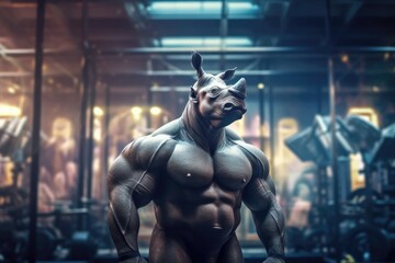 Fototapeta na wymiar Bodybuilder rhino standing gracefully, blur gym background. Generative AI