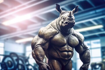 Bodybuilder rhino standing gracefully, blur gym background. Generative AI - obrazy, fototapety, plakaty