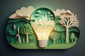 Prace z papieru żarówka z zielonym eko miastem, Energia odnawialna do 2050 r. Energia neutralna pod względem emisji dwutlenku węgla emisja gazów cieplarnianych CO2, Koncepcja kreatywnego pomysłu  - obrazy, fototapety, plakaty