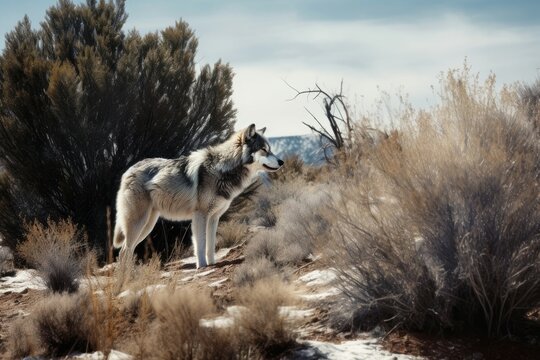 Lone wolf howls in the deteriorating wilderness, searching for a mate. Generative AI